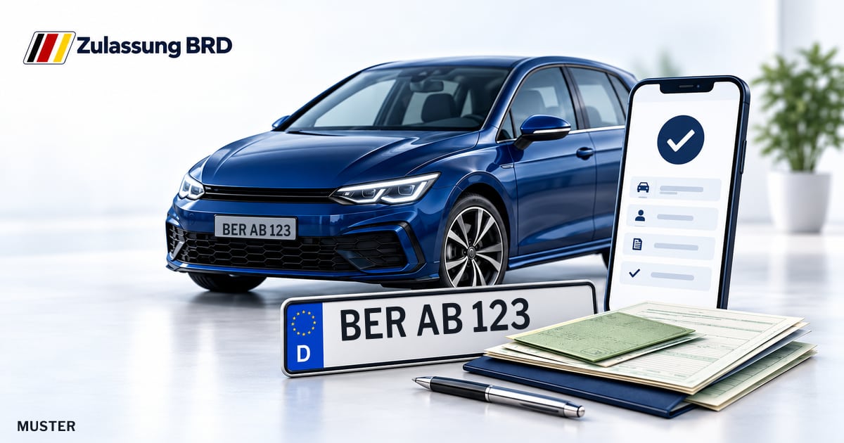 Online Fahrzeugzulassung in Bernau bei Berlin: Musterkennzeichen BER AB 123, Auto und Fahrzeugpapiere und Smartphone. Illustration mit Logo von Zulassung BRD.